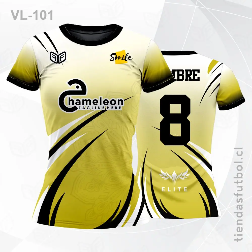 Camiseta de voleibol VL-101 amarilla con detalles negros de equipo.