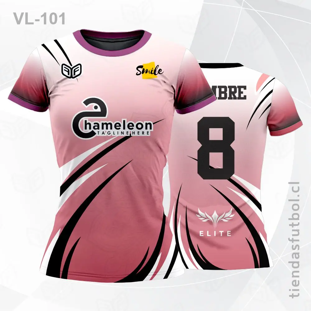Camiseta de voleibol VL-101 rosada con vivos negros para dama.