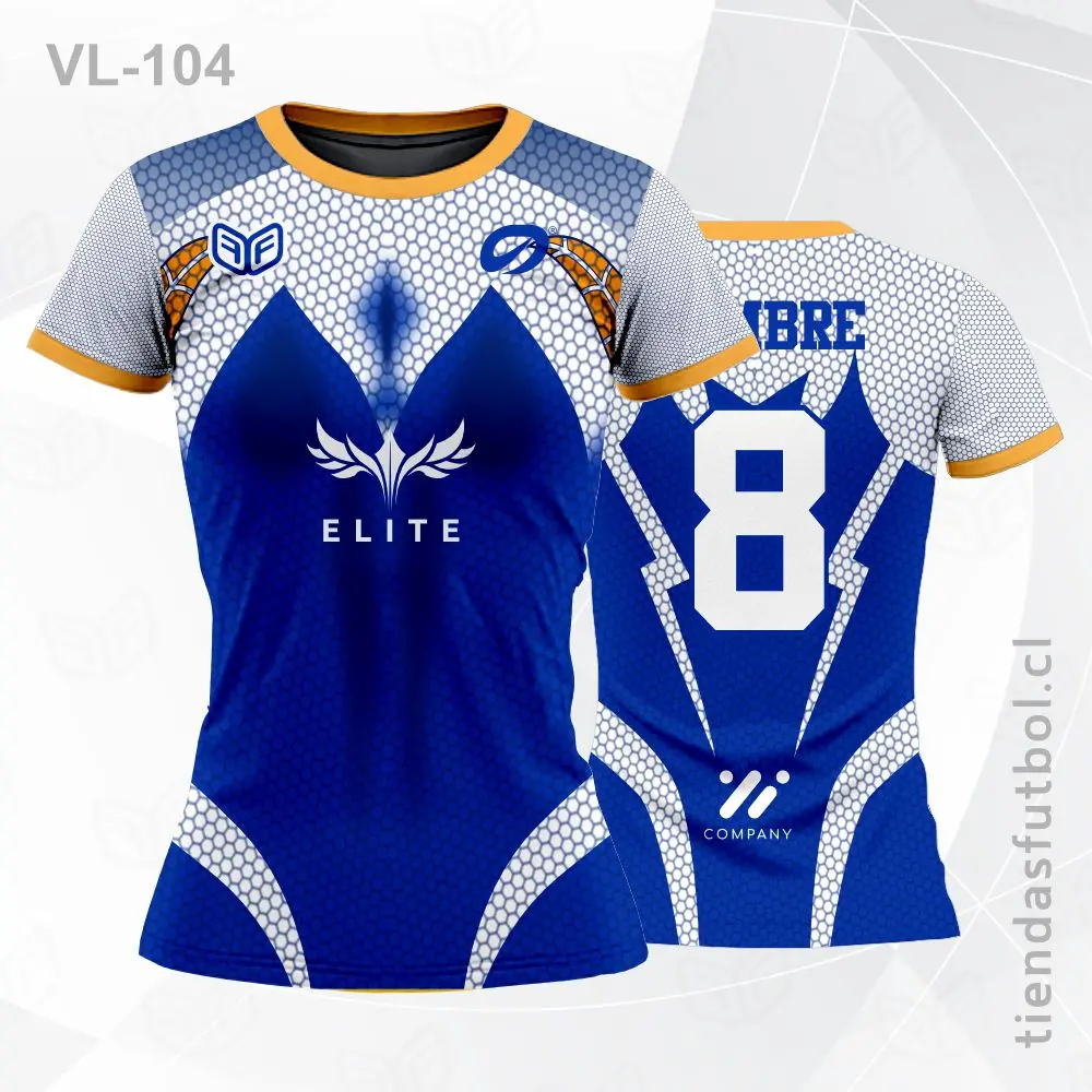 Camiseta de voleibol VL-104 azul con vivos naranjas deportivos.