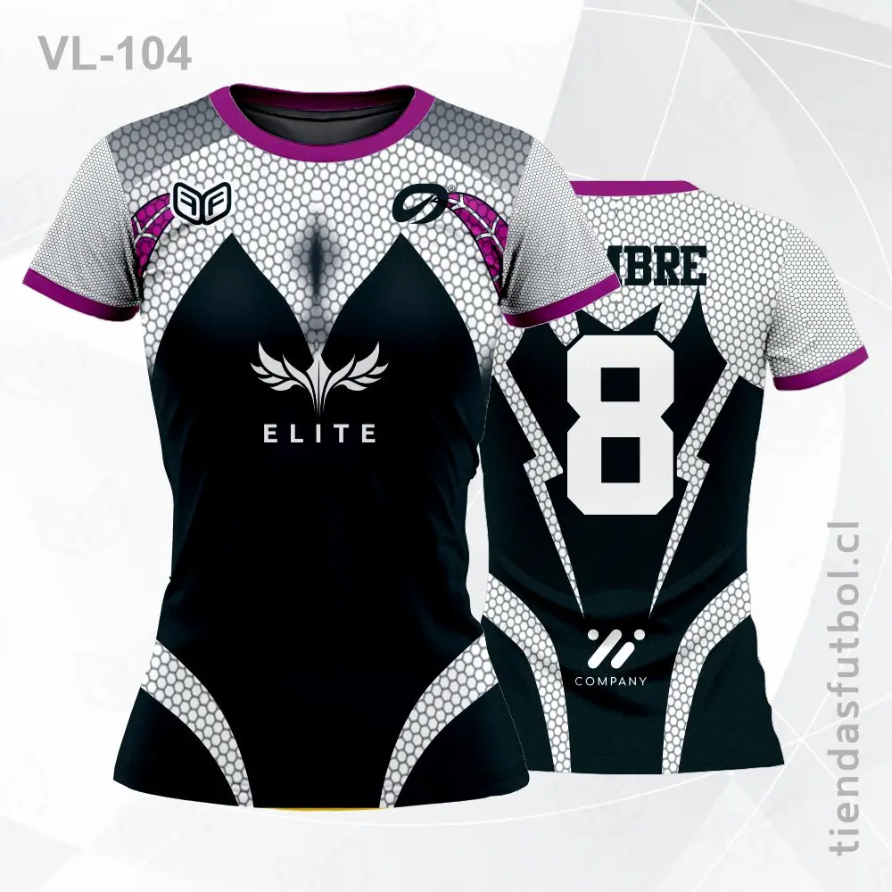 Camiseta de voleibol VL-104 negra con detalles morados personalizados.