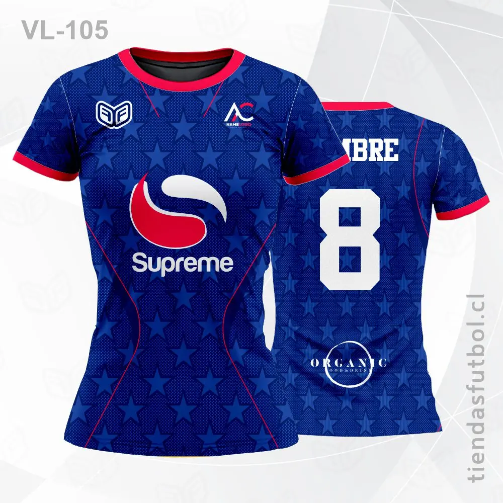 Camiseta de voleibol VL-105 azul con detalles rojos de competición.