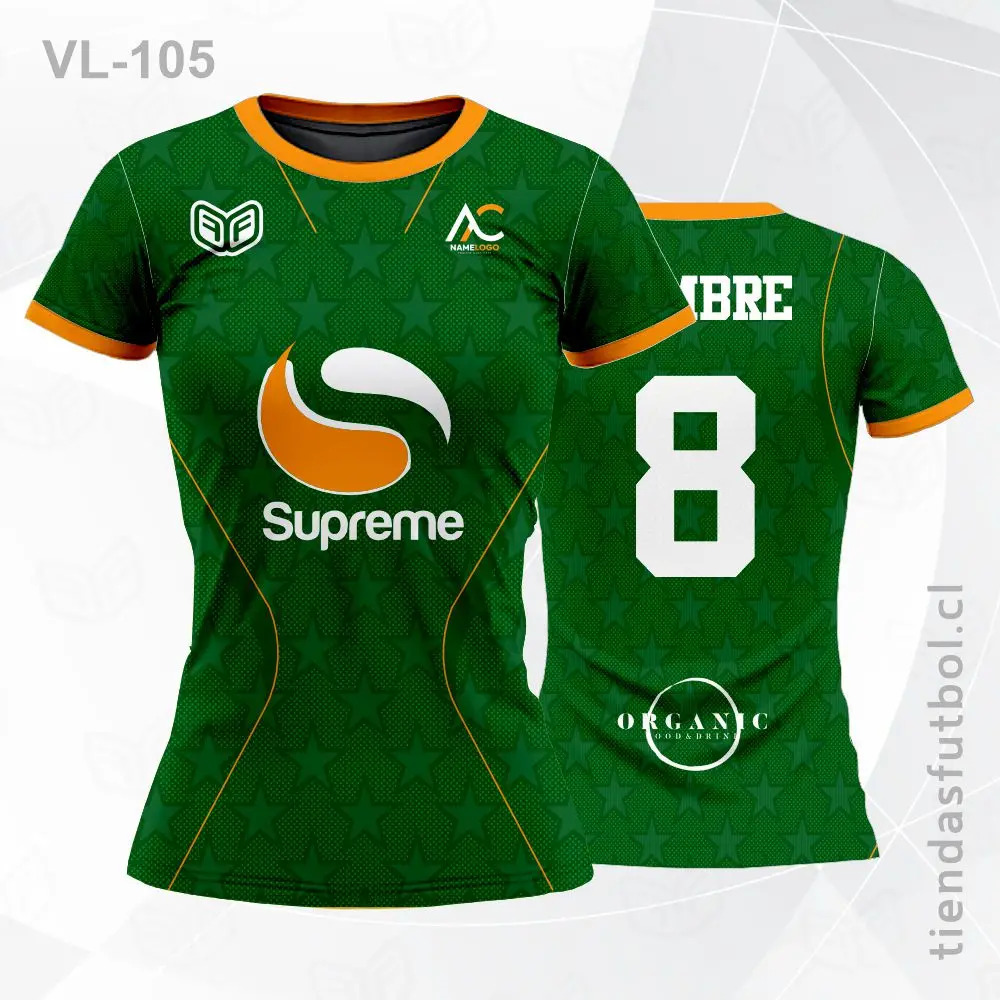 Camiseta de voleibol VL-105 verde con vivos naranjas vibrantes.