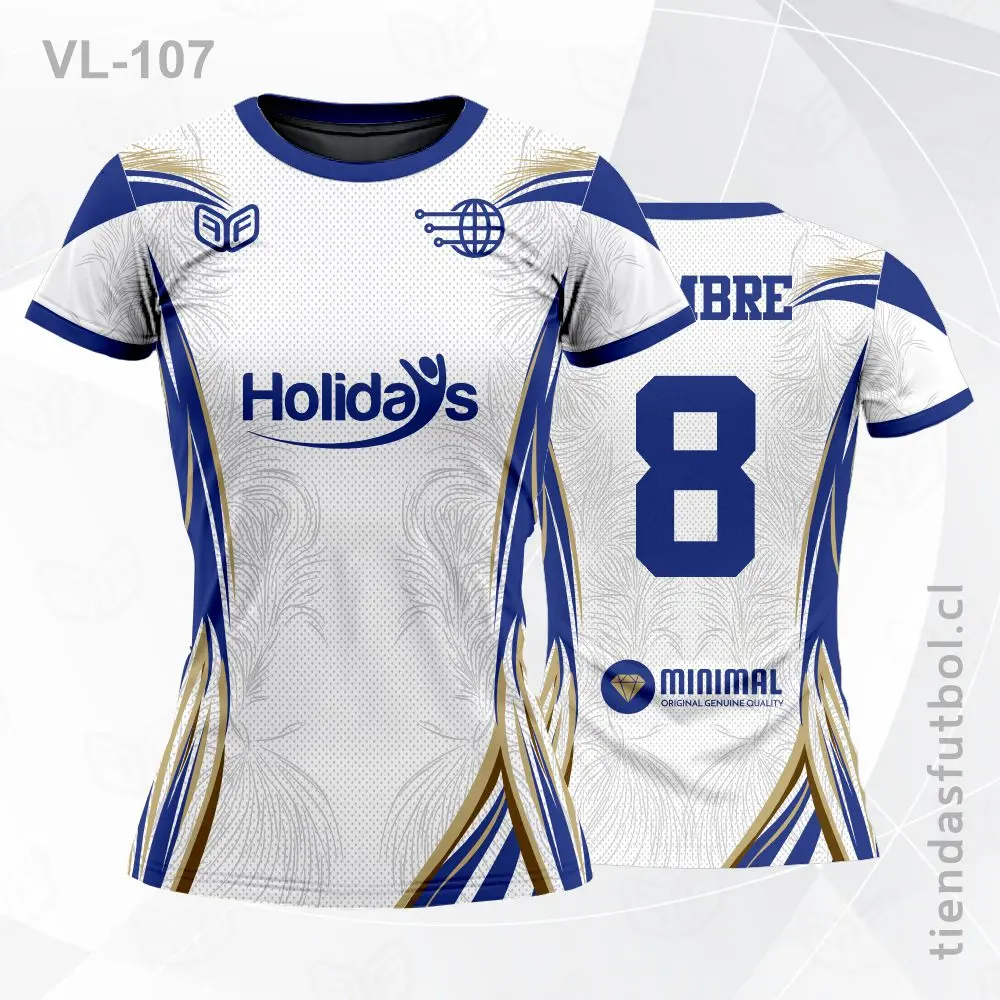 Camiseta de voleibol VL-107 azul con detalles dorados premium.