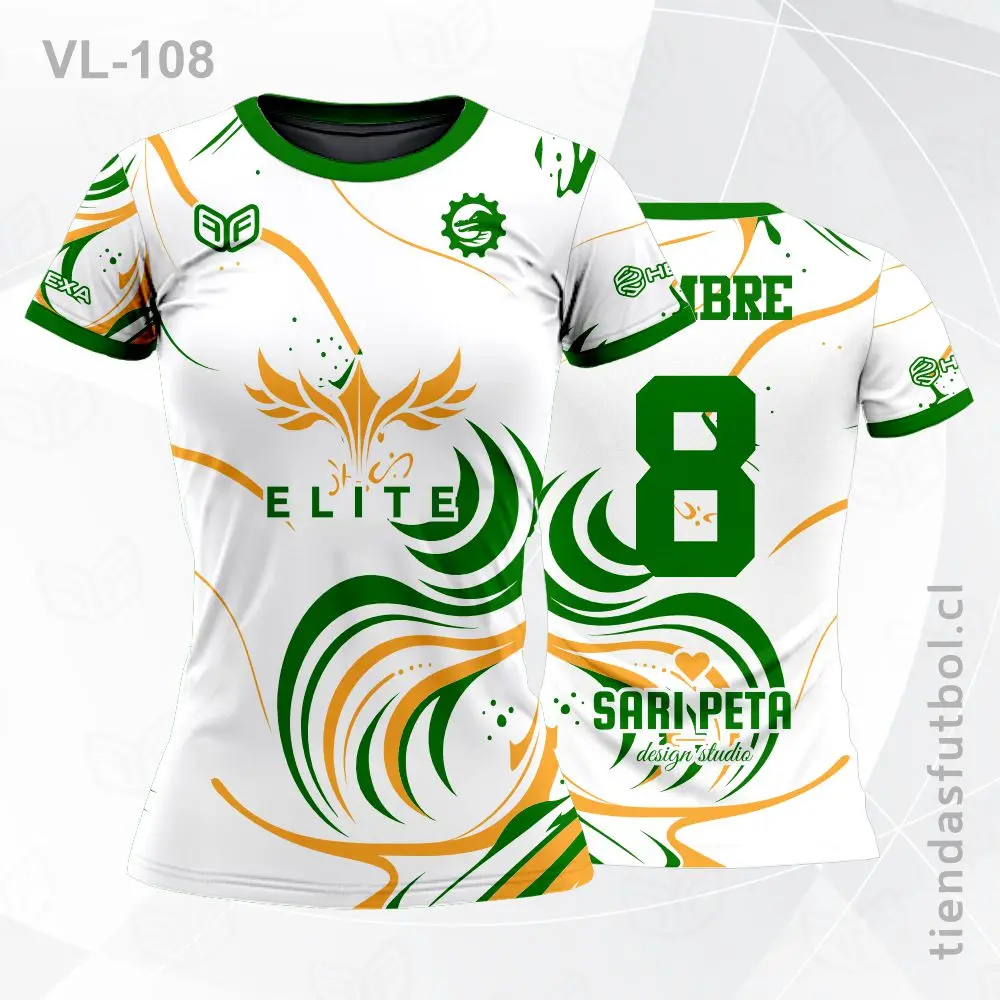 Camiseta de voleibol VL-108 verde con detalles naranja deportivos.
