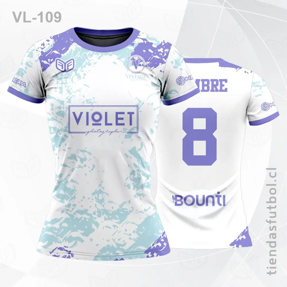 Camiseta de voleibol VL-109 morada con detalles celeste, diseño de equipo.