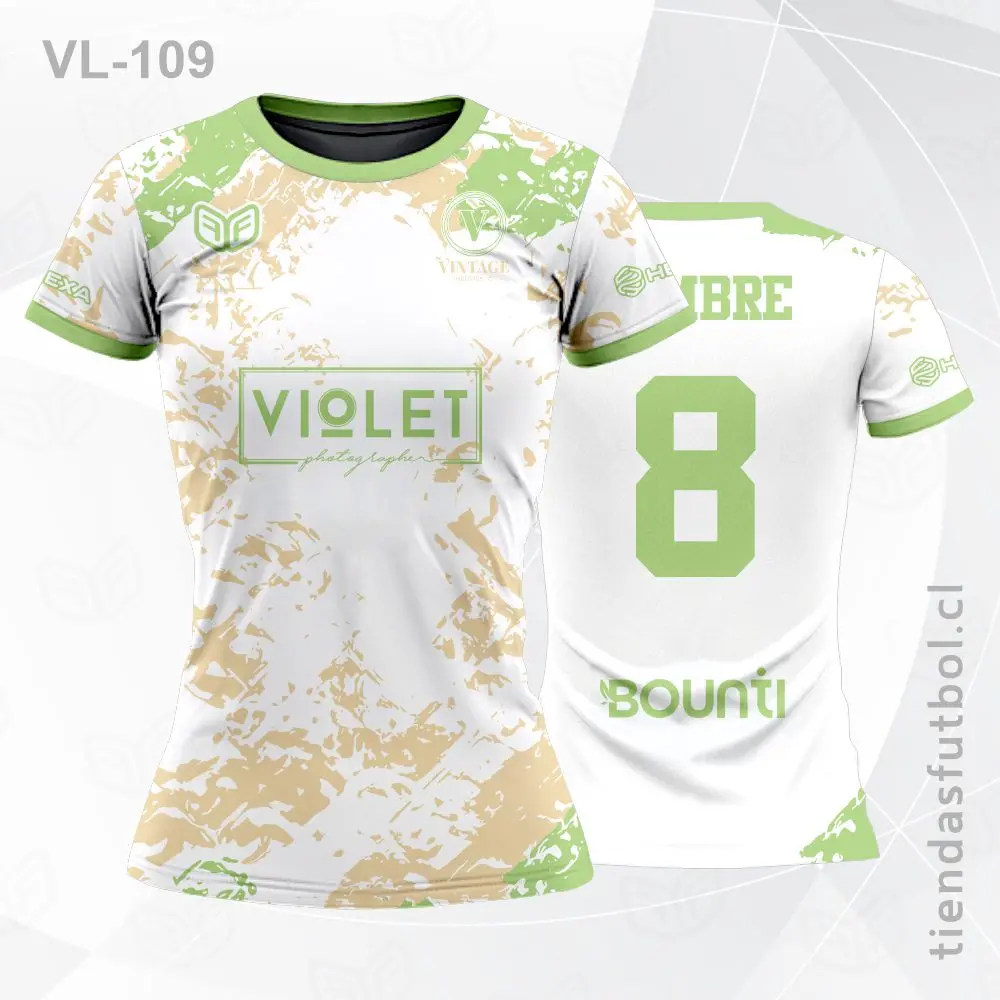Camiseta de voleibol VL-109 verde con detalles naranja, personalizada.