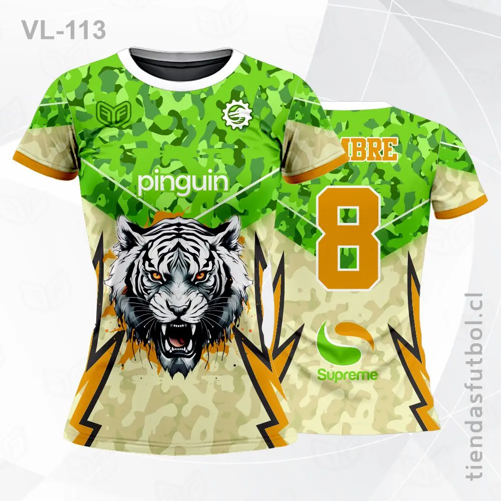 Camiseta de voleibol VL-113 verde con vivos naranja, diseño deportivo.