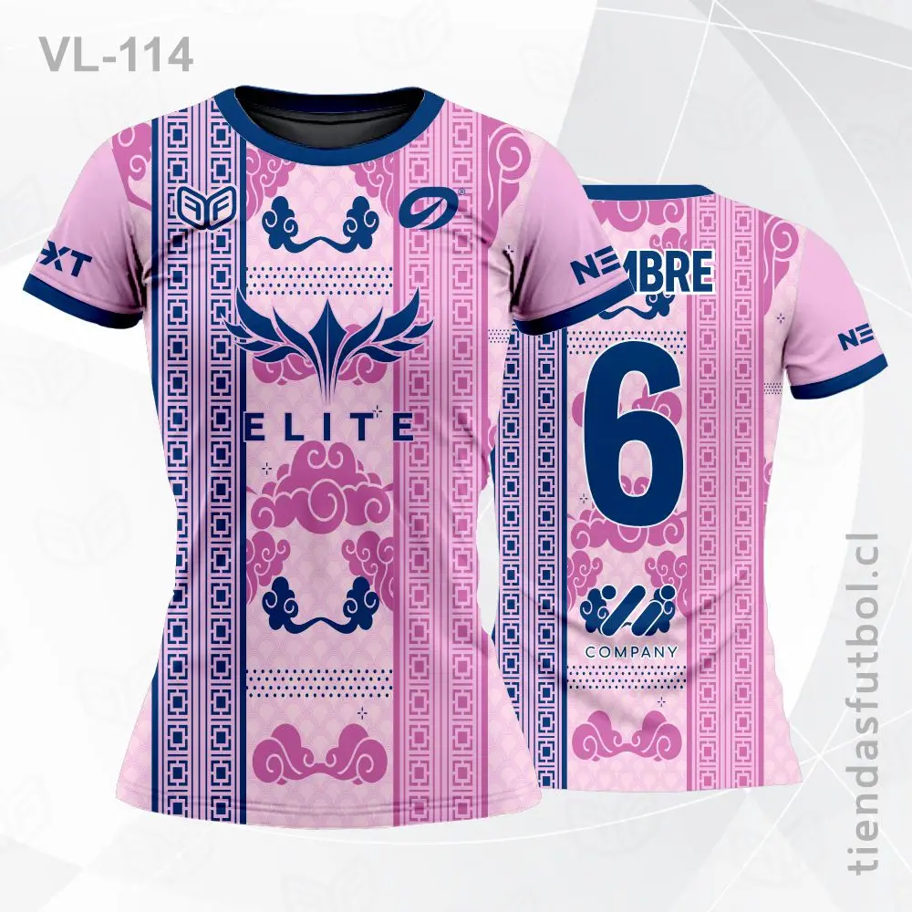 Camiseta de voleibol VL-114 azul con detalles rosados para equipos.