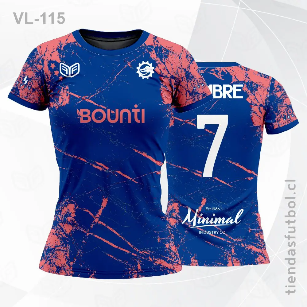 Camiseta de voleibol VL-115 azul con detalles rojos de competición.