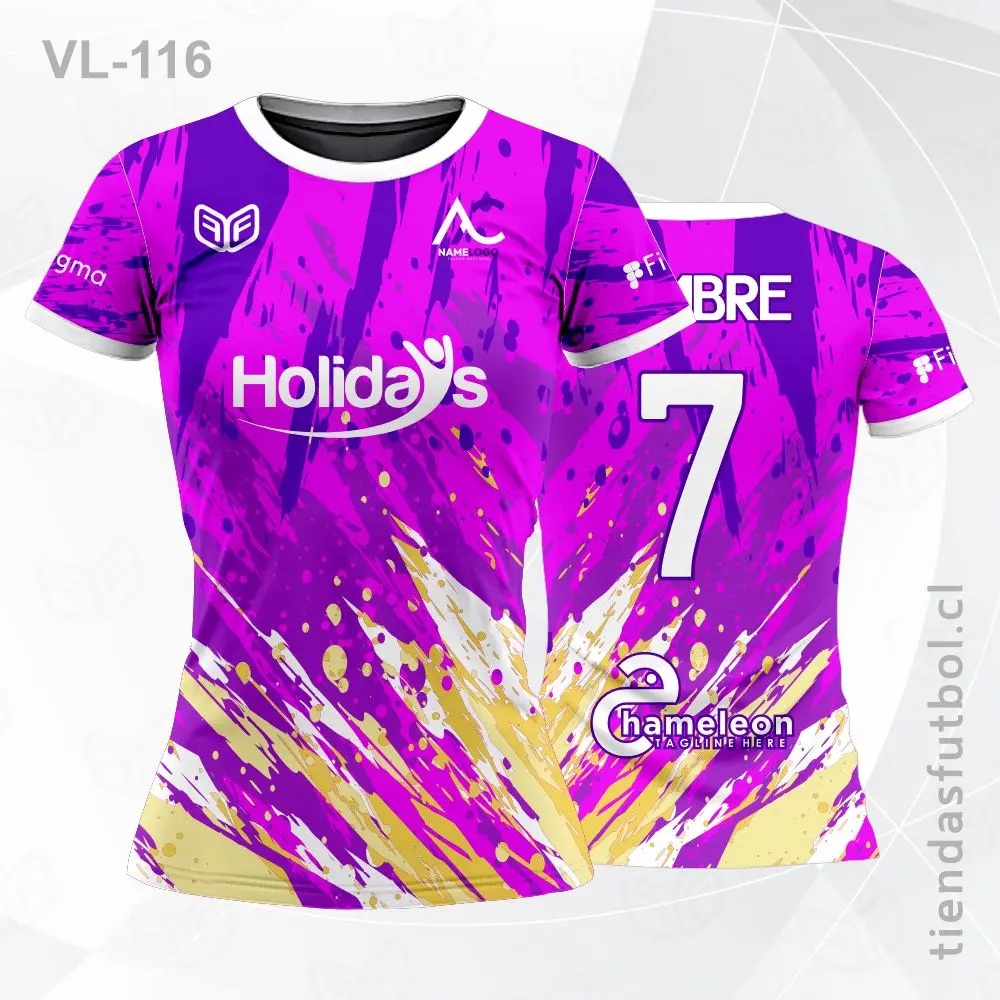 Camiseta de voleibol VL-116 morada con detalles fucsia para dama.