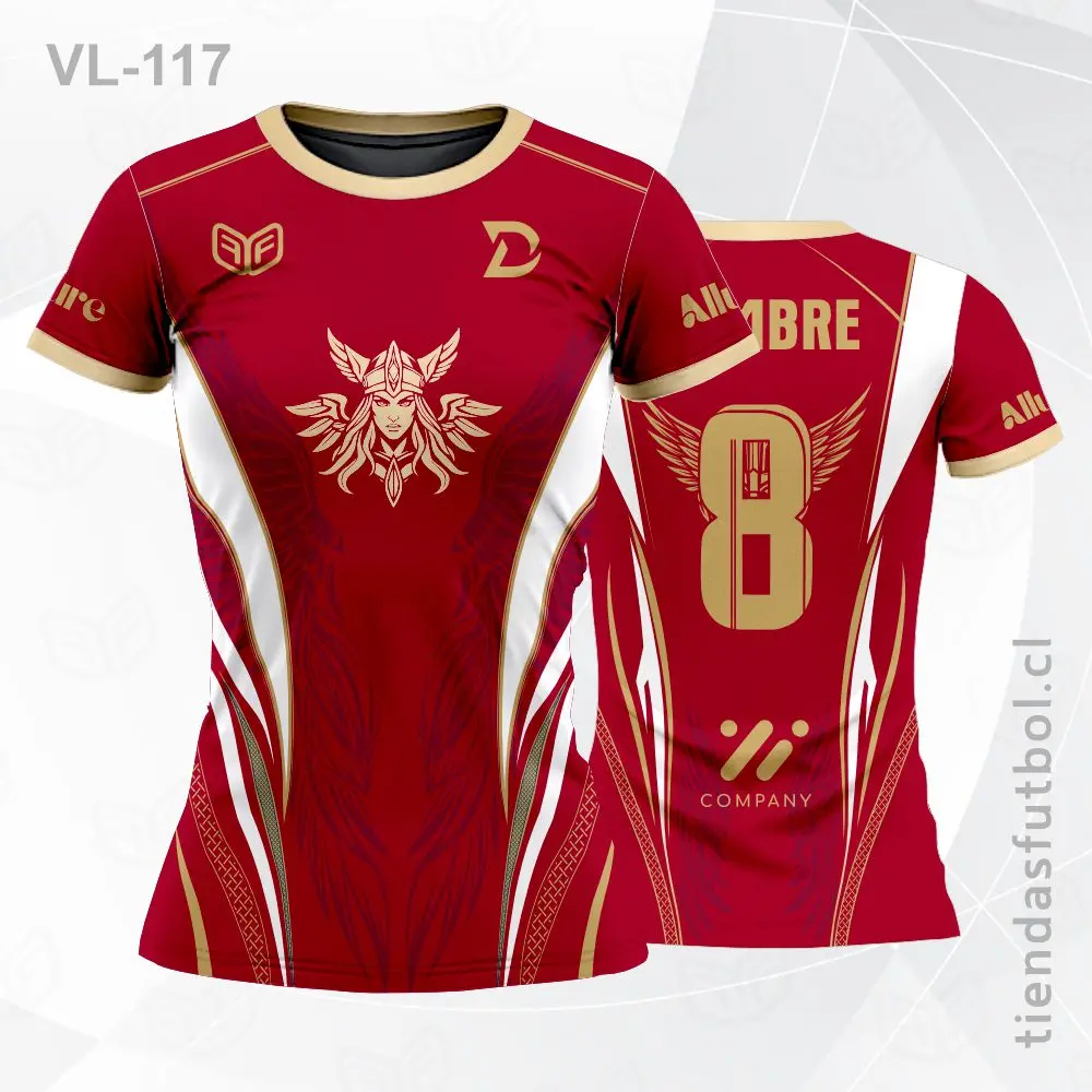 Camiseta de voleibol VL-117 guinda con detalles dorados premium.