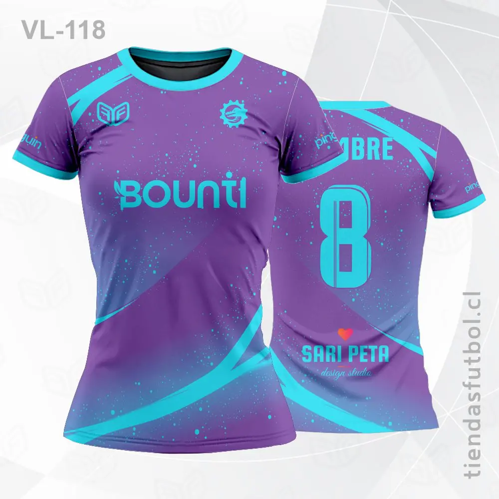 Camiseta de voleibol VL-118 morada con vivos celestes modernos.