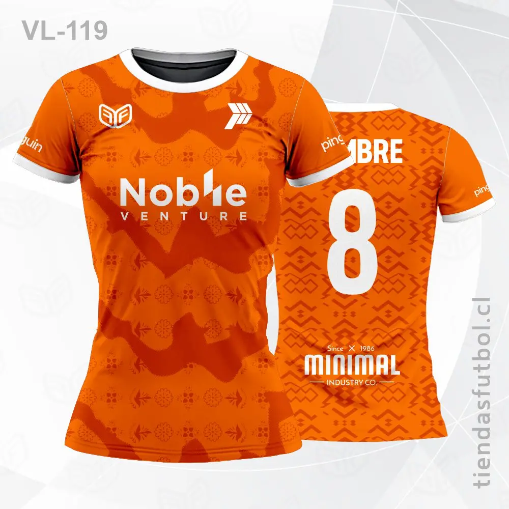 Camiseta de voleibol VL-119 naranja con vivos blancos, diseño de equipo.
