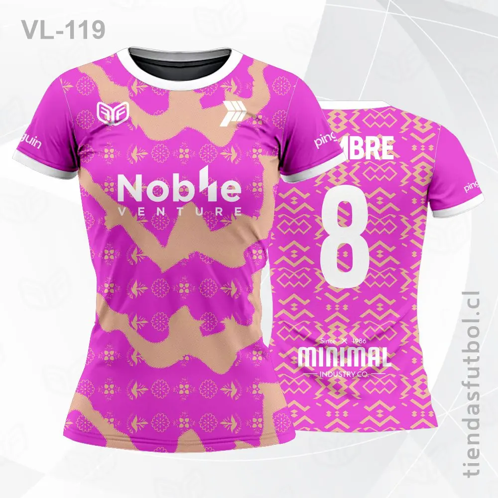 Camiseta de voleibol VL-119 rosada con detalles naranjas vibrantes.