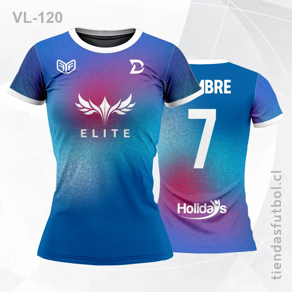 Camiseta de voleibol VL-120 azul con vivos celestes, personalizada.