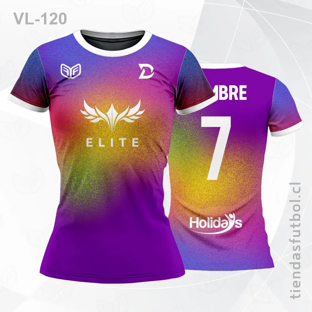 Camiseta de voleibol VL-120 morada con vivos amarillos, diseño deportivo.