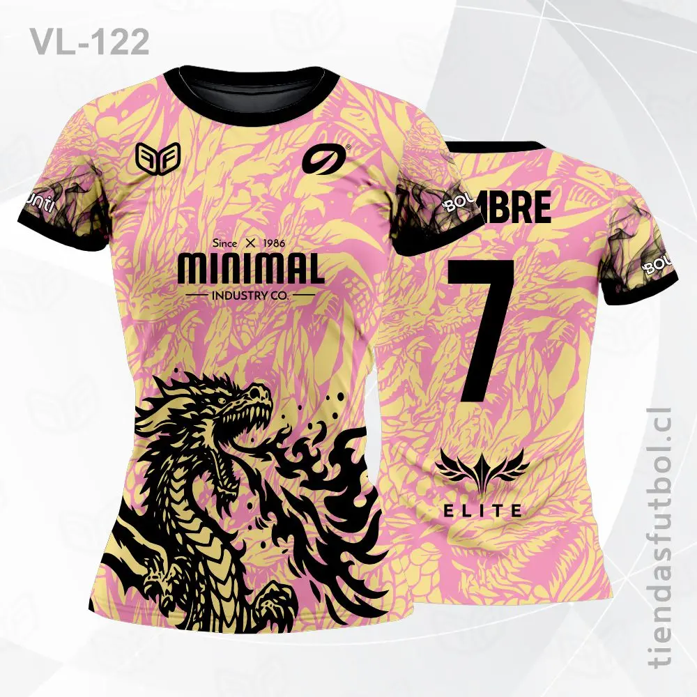 Camiseta de voleibol VL-122 rosado con detalles amarillos, diseño para dama.