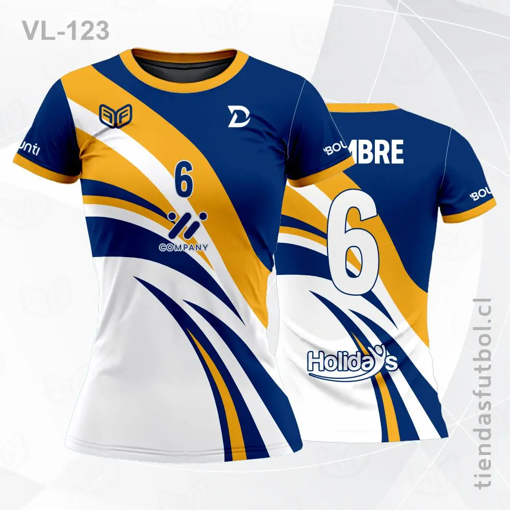 Camiseta de voleibol VL-123 azul con vivos naranjas, diseño de impacto.