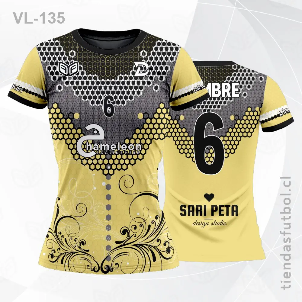 Camiseta de voleibol VL-135 amarilla con detalles negros, diseño personalizado.