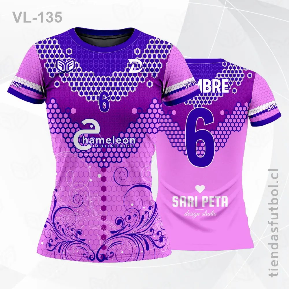 Camiseta de voleibol personalizada VL-135, morada con detalles en rosado.