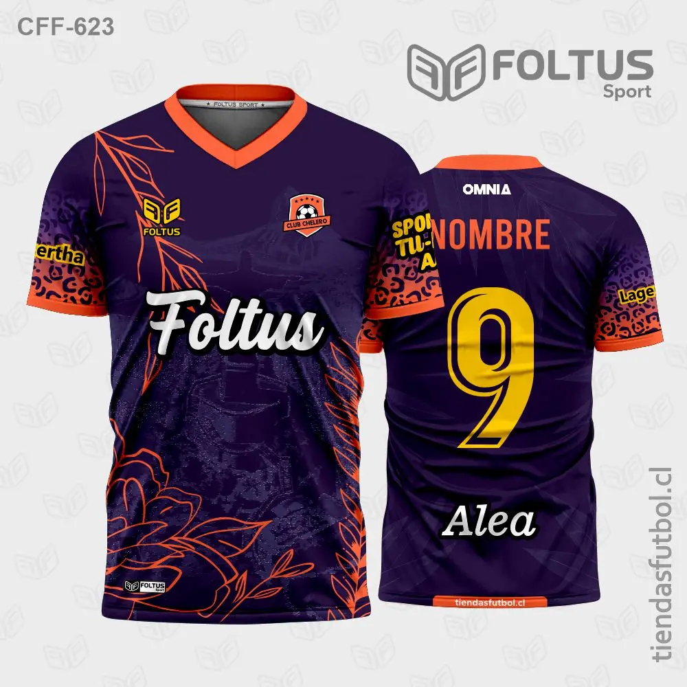 camiseta de futbol personalizada cff-623 naranja con morado