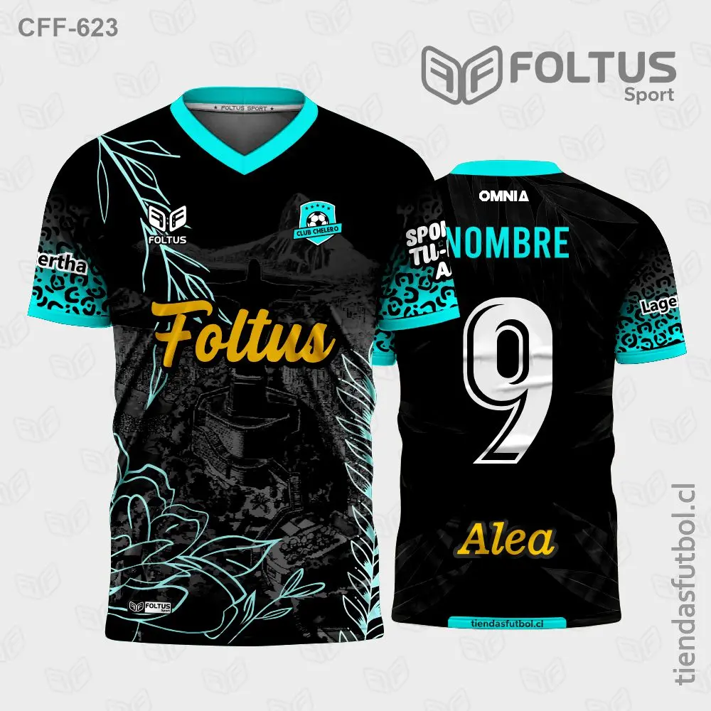 camiseta de futbol personalizada cff-623 negro con verde agua