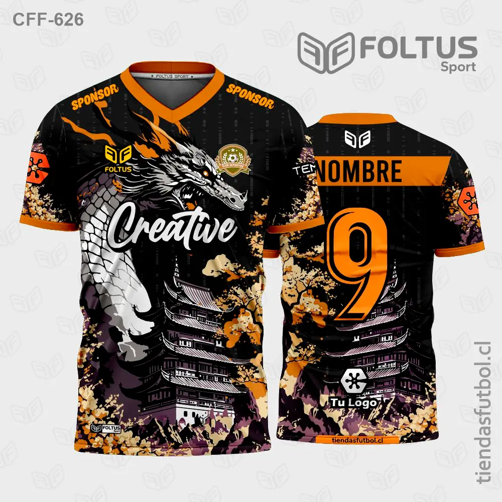 Camiseta de fútbol CFF-626 negro con naranja, diseño de academia personalizado