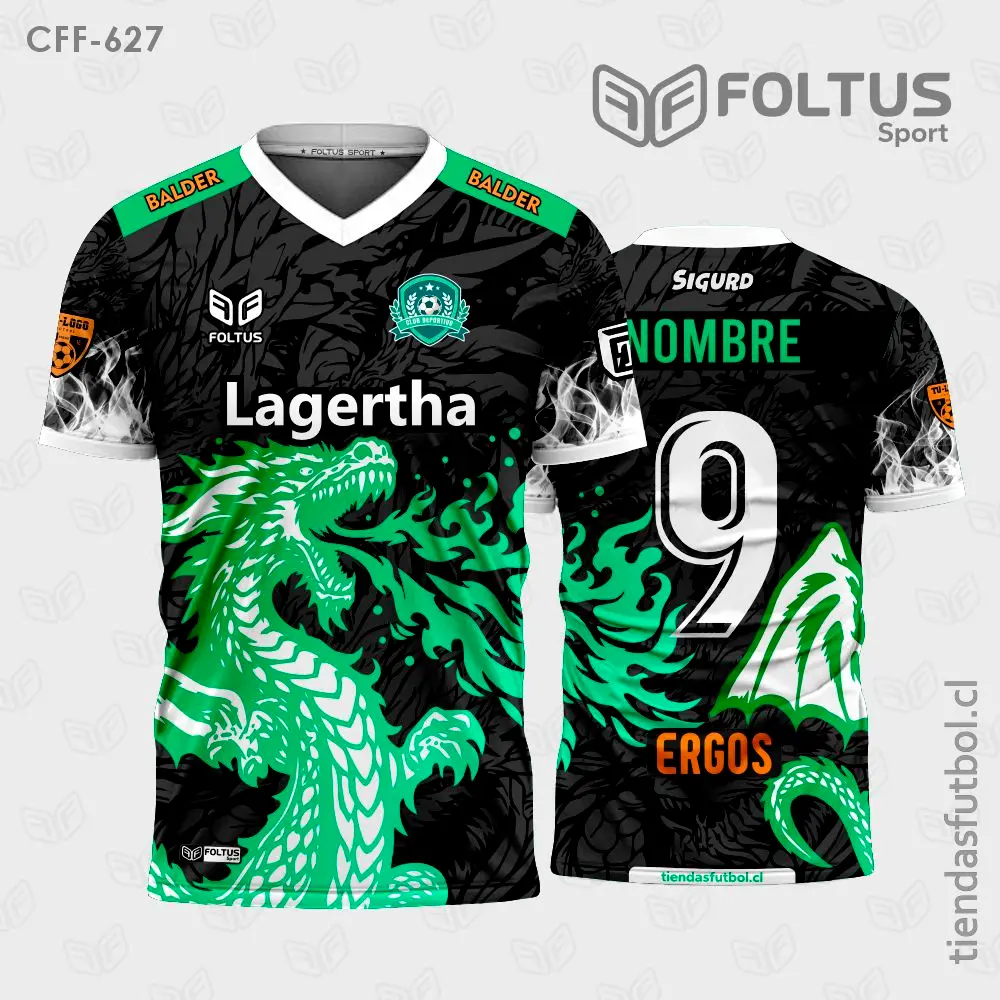 Camiseta de fútbol CFF-627 negro con verde, estilo deportivo moderno personalizado