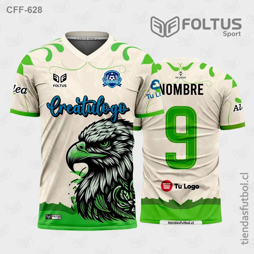 Camiseta de fútbol CFF-628 crema con verde, diseño minimalista personalizado