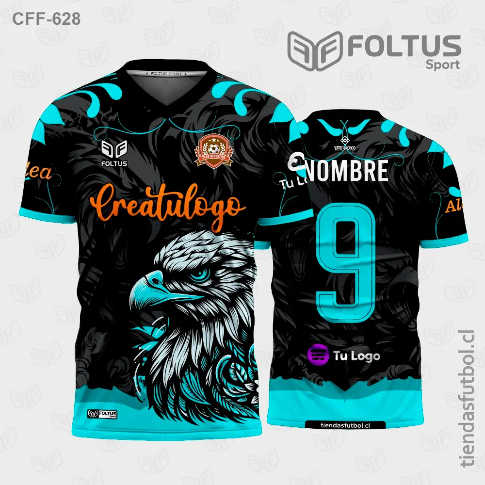 Camiseta de fútbol CFF-628 negro con celeste, acabado sublimado personalizado
