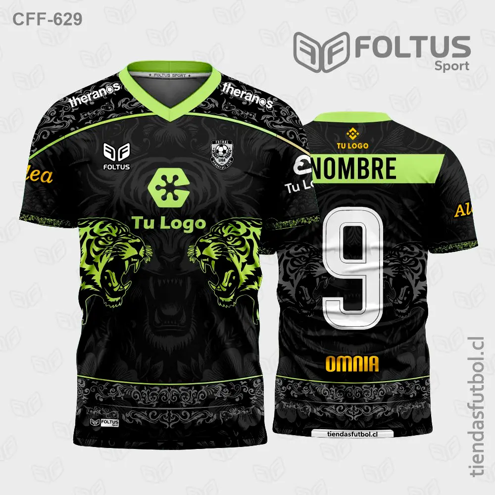 Camiseta de fútbol CFF-629 negro con verde, estilo técnico personalizado