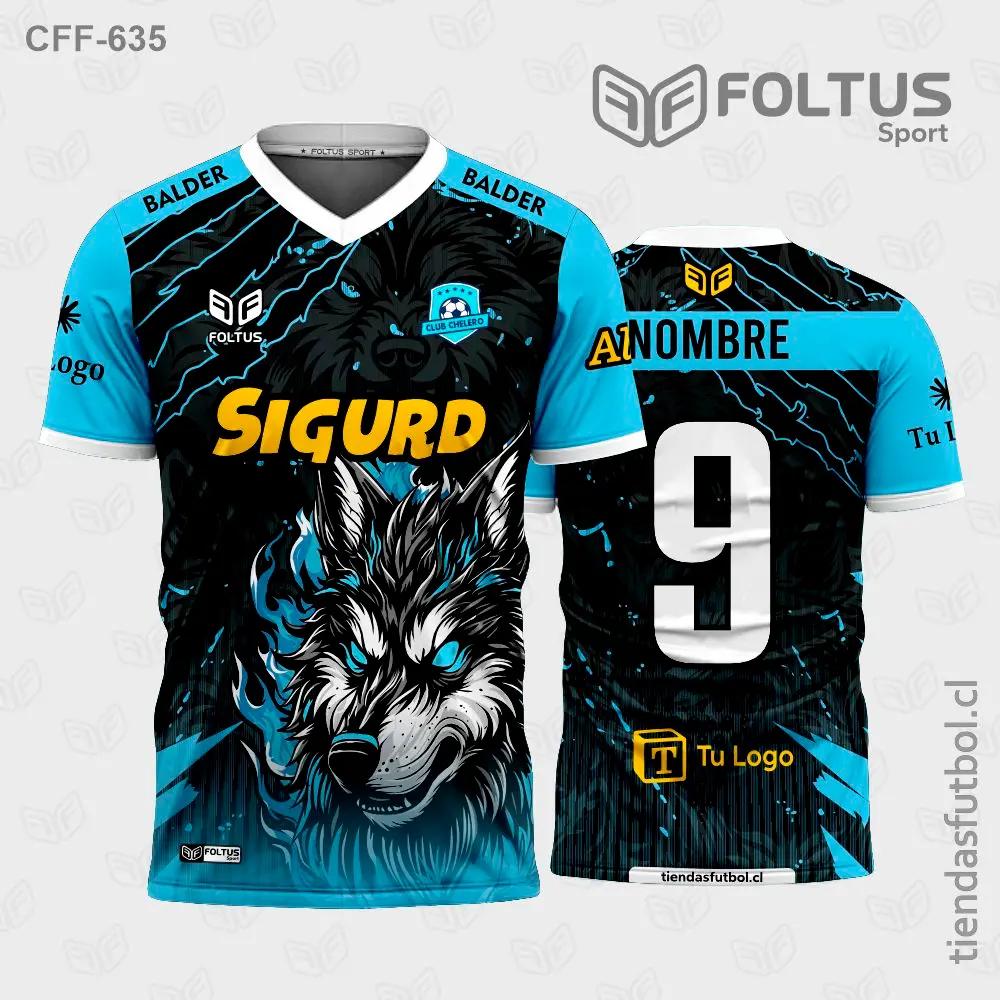 Camiseta de fútbol personalizadas CFF-635 negro con celeste, estilo elegante personalizado