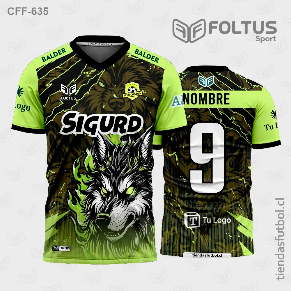 Camiseta de fútbol personalizadas CFF-635 verde con negro, detalles en contraste personalizados