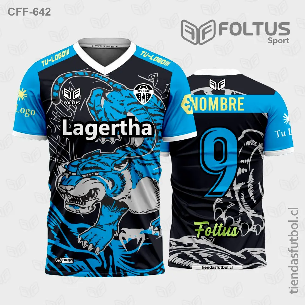 Camiseta de fútbol personalizadas CFF-642 negro con celeste, acabado elegante premium