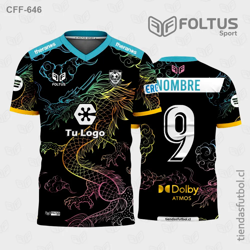 Camiseta de fútbol personalizadas CFF-646 negro con dorado, acabado de lujo personalizado