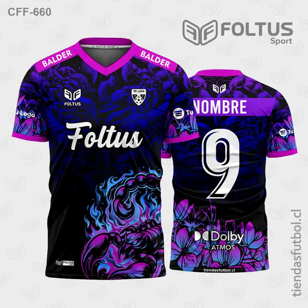 Camiseta de fútbol personalizadas CFF-660 fucsia con morado, colores vibrantes de juego