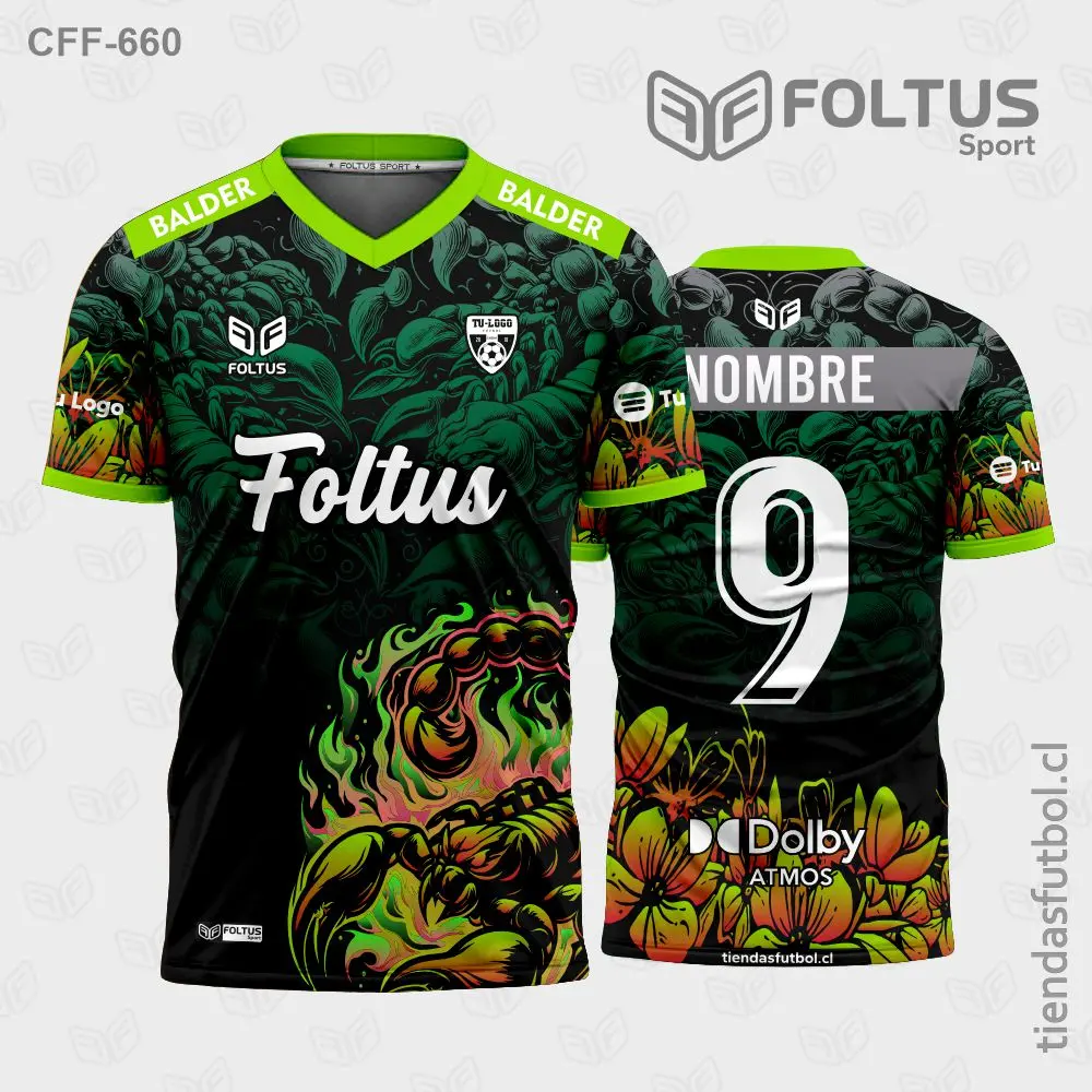 Camiseta de fútbol personalizadas CFF-660 verde con naranja, patrón dinámico personalizado