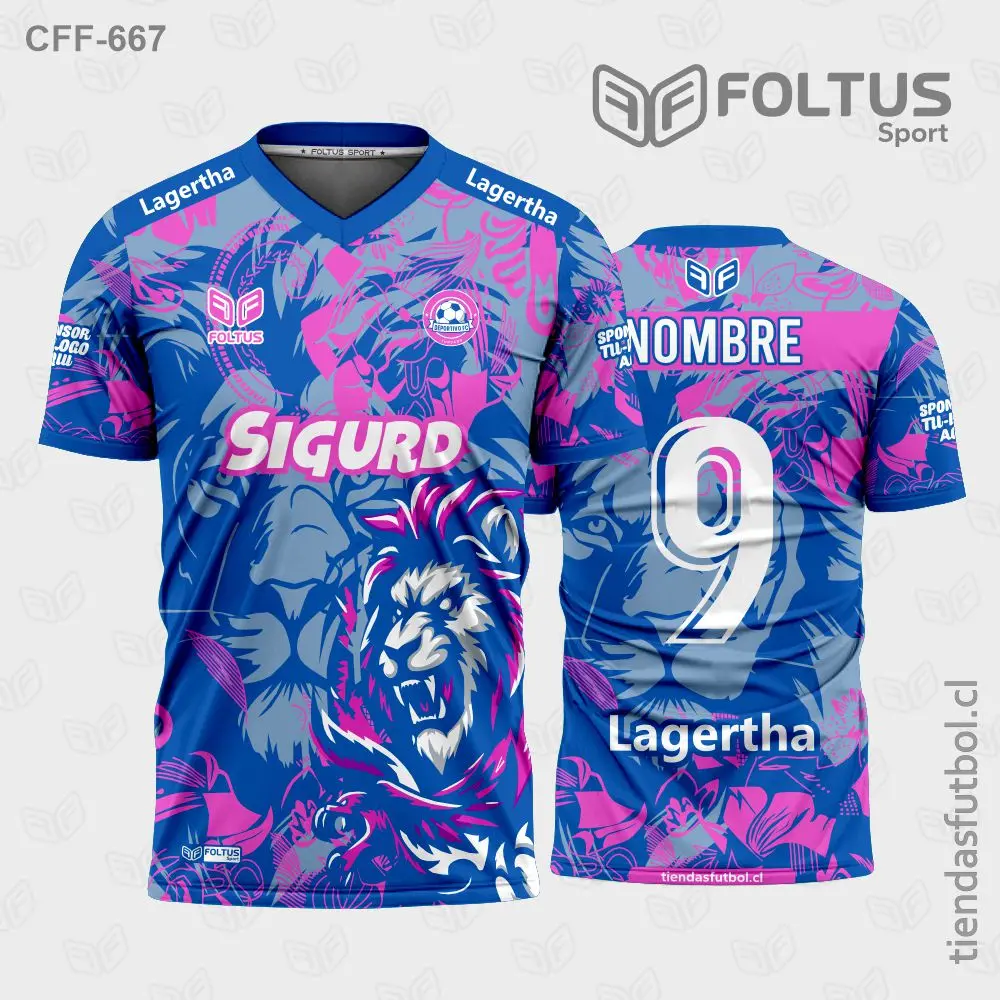 Camiseta de fútbol personalizadas CFF-667 azul con fucsia, estilo técnico profesional