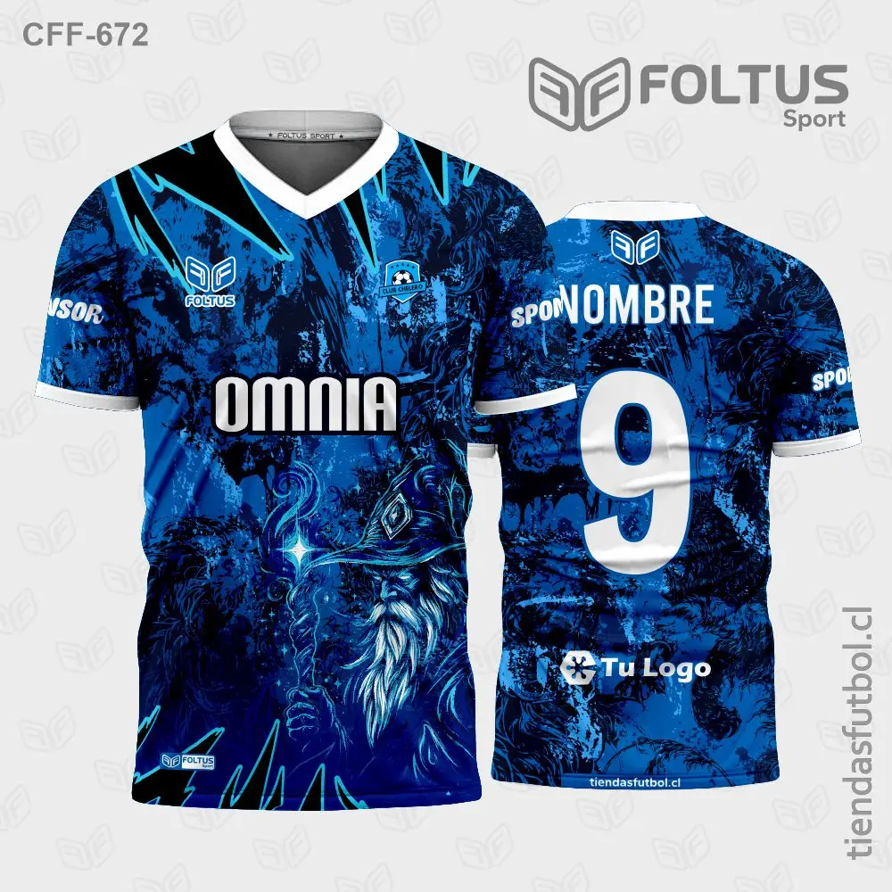 Camiseta de fútbol personalizadas CFF-672 azul con blanco, acabado premium exclusivo