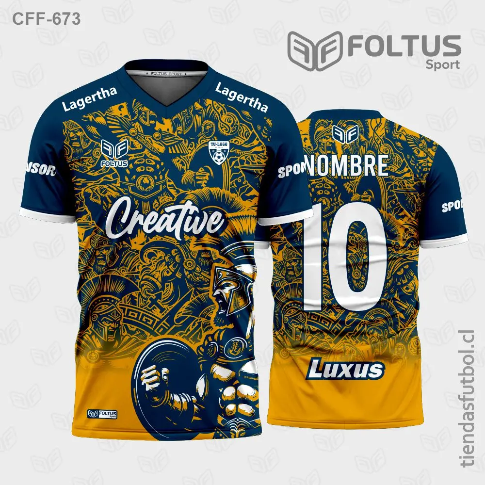 Camiseta de fútbol personalizadas CFF-673 azul con naranja, diseño técnico avanzado