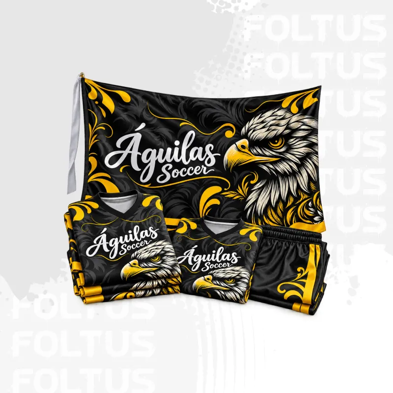Bandera sublimada de regalo con el escudo del equipo junto a uniformes de fútbol personalizados